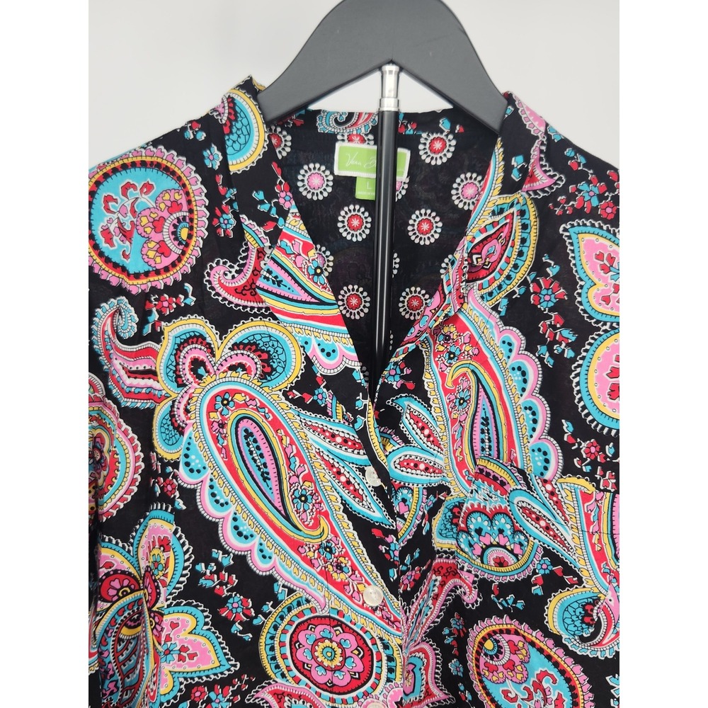 Vera Bradley Women Large Black Multi Color Paisley 100% Cotton Button Down Shirt - Picture 2 of 9